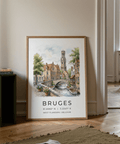 Bruges Canal Art Print illustrating arched bridge, Belfry tower, and moored rowboats