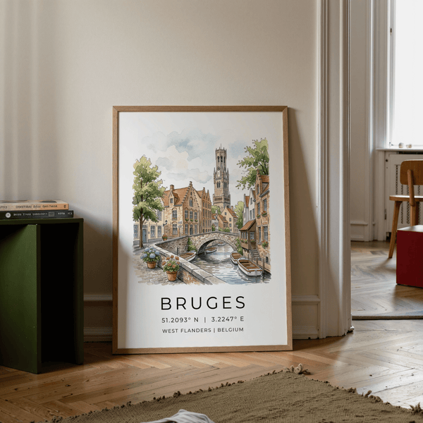 Bruges Canal Art Print illustrating arched bridge, Belfry tower, and moored rowboats