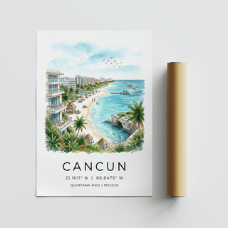 Coastal wall decor artwork depicting modern hotels along the oceanfront