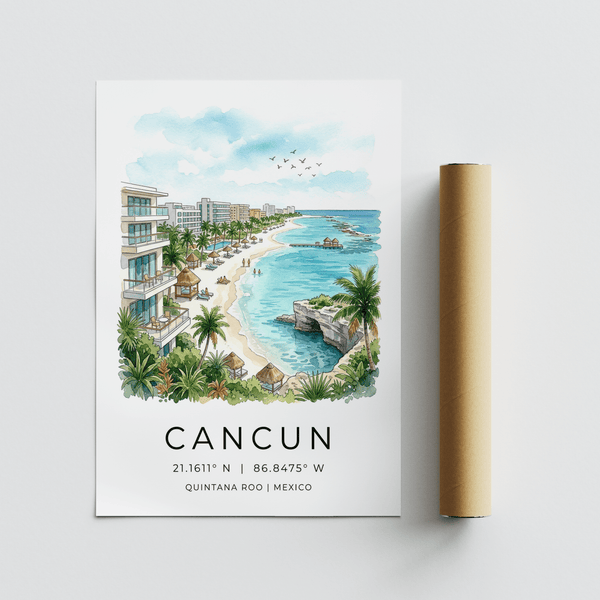 Coastal wall decor artwork depicting modern hotels along the oceanfront