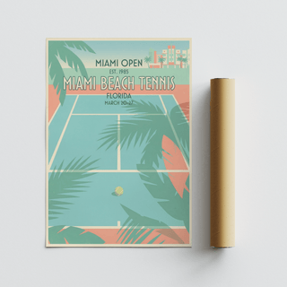 Graphic tennis poster showing central court boundaries framed by palm frond silhouettes