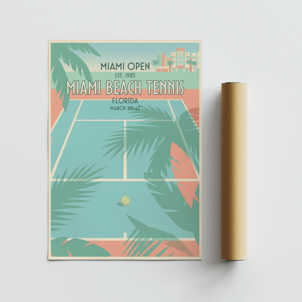 Graphic tennis poster showing central court boundaries framed by palm frond silhouettes