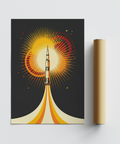 Rocket Launch Art Print, space-themed black and orange, kids’ room art print