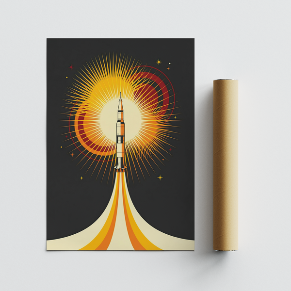Rocket Launch Art Print, space-themed black and orange, kids’ room art print