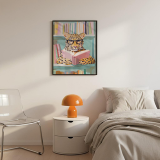 Whimsical Reading Leopard Art Print of a leopard in glasses reading a book, watercolor style