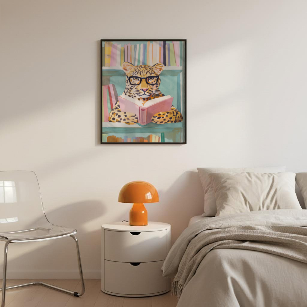 Whimsical Reading Leopard Art Print of a leopard in glasses reading a book, watercolor style