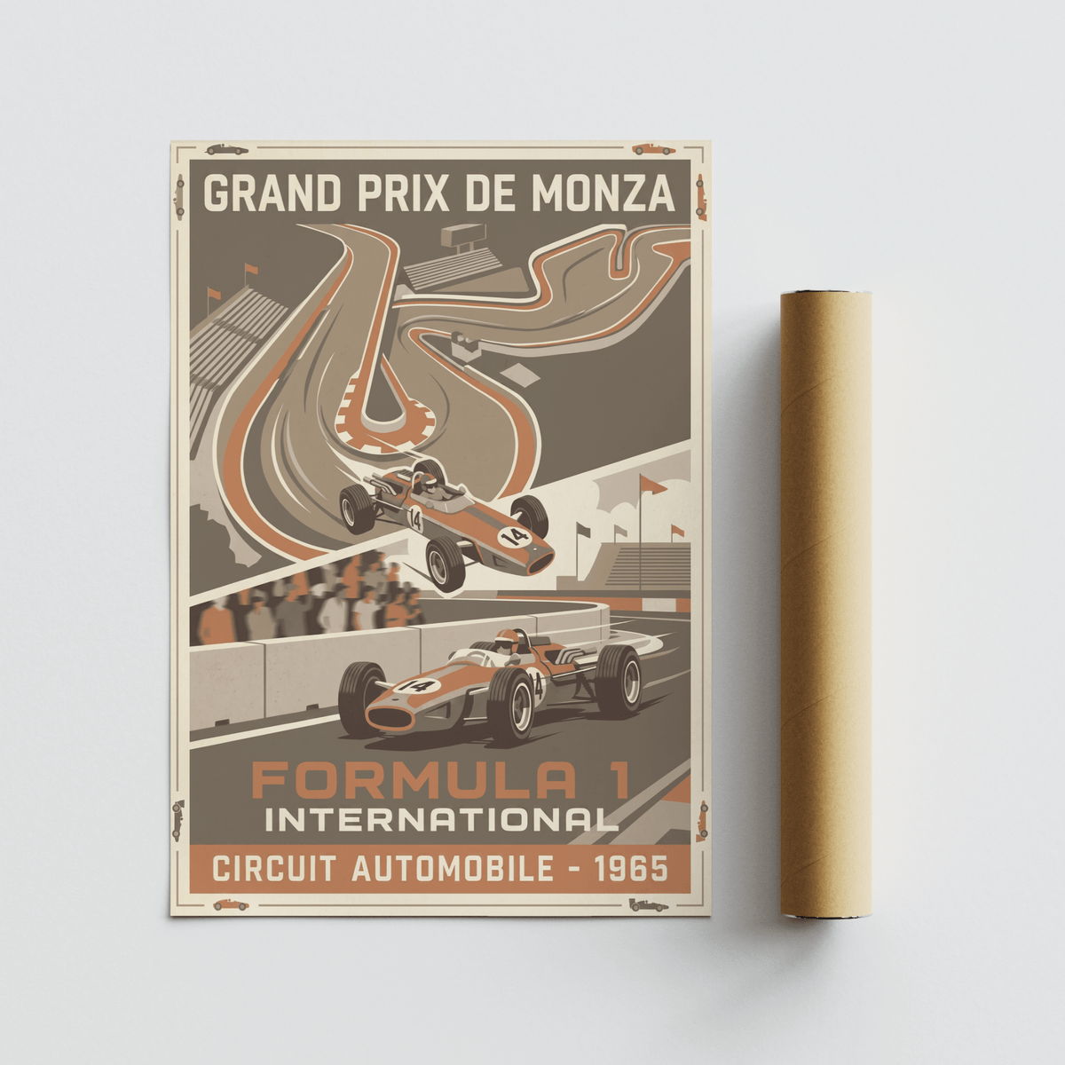 Close-up of Monza track layout poster print with curved circuit lines and small flag details