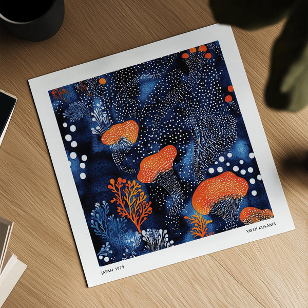 Abstract Floral Art featuring navy tones and flowing orange elements.
