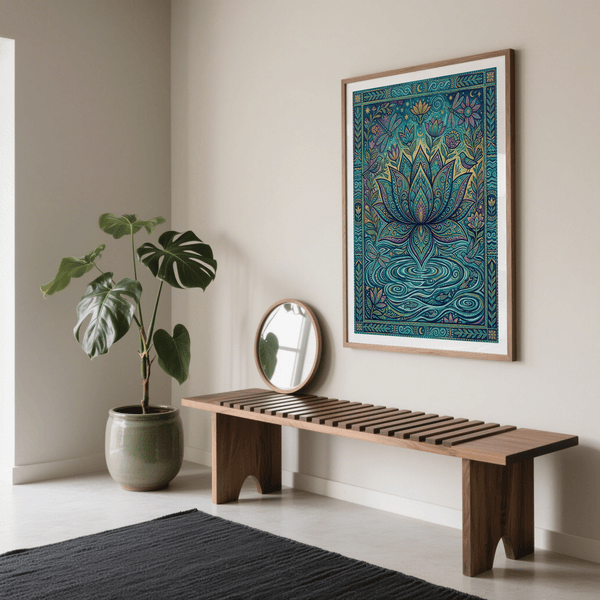 Layered lotus bloom poster framed by dotted border and star accents in vivid hues