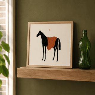 Flat-shape horse wall art print with centered figure and open background