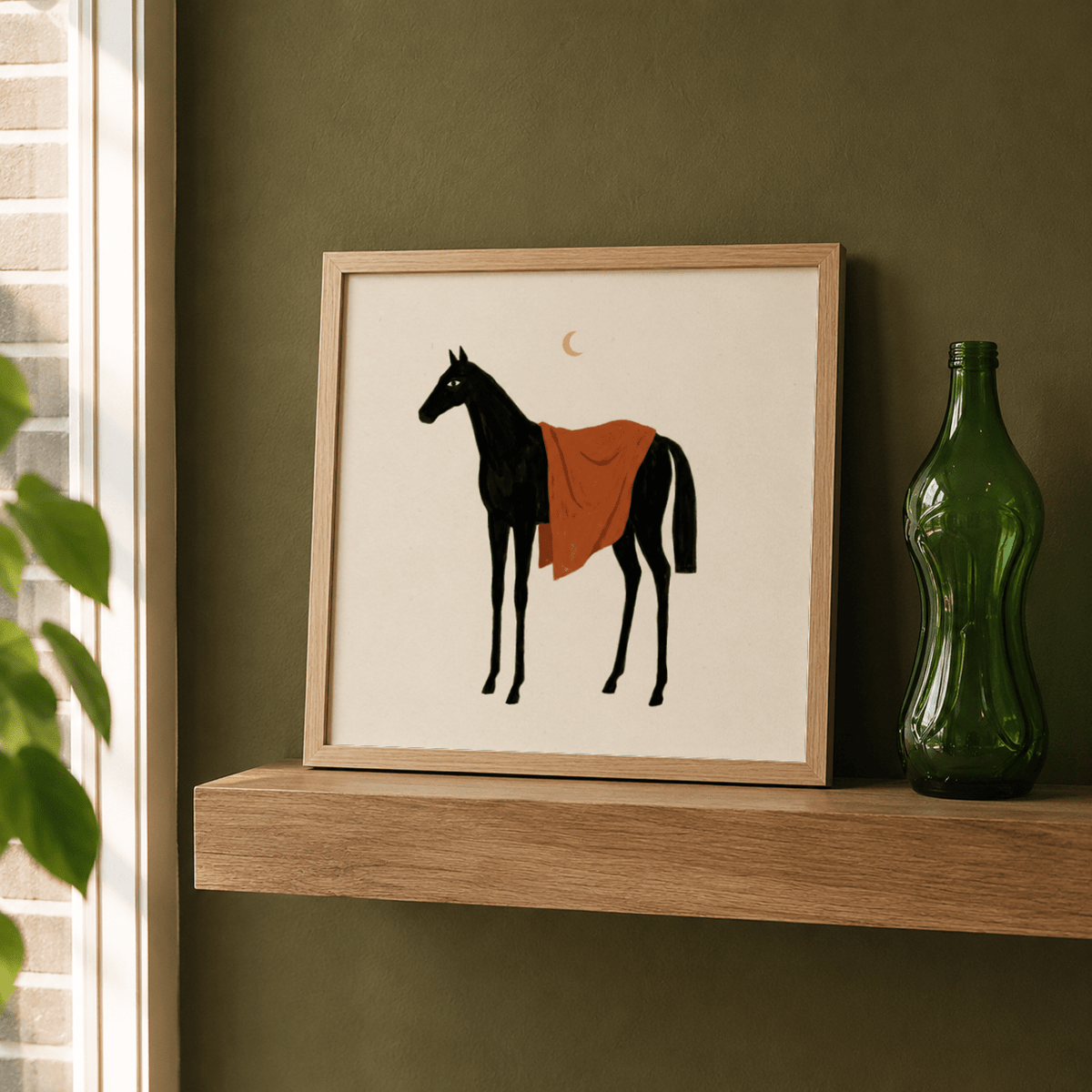Flat-shape horse wall art print with centered figure and open background
