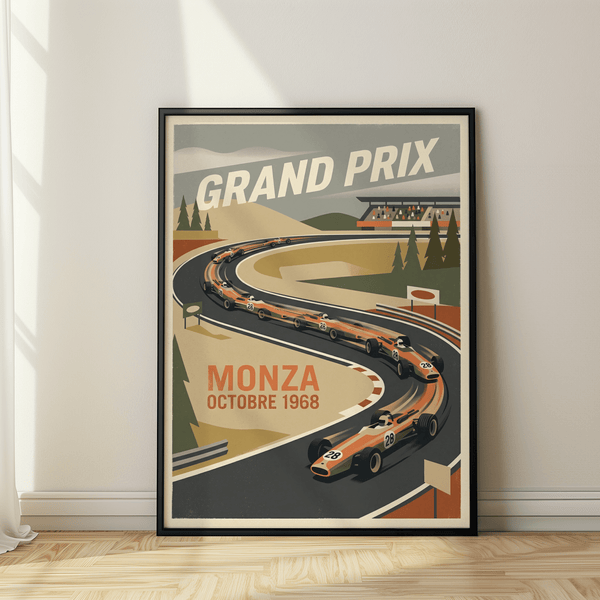 Classic motorsport wall art poster of racing cars numbered 28 rounding a track bend