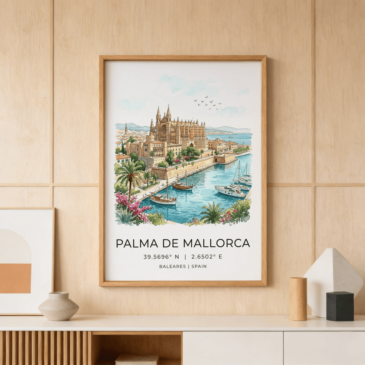Close-up of illustrated cathedral and old town on Palma De Mallorca Art Print poster