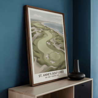 Seaside links poster print with layered dunes and beachline in Blue, Green, Beige