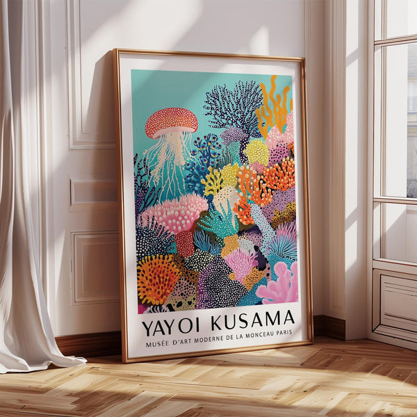 Coral Reef Art with colorful sea plants and a jellyfish on an aqua background.