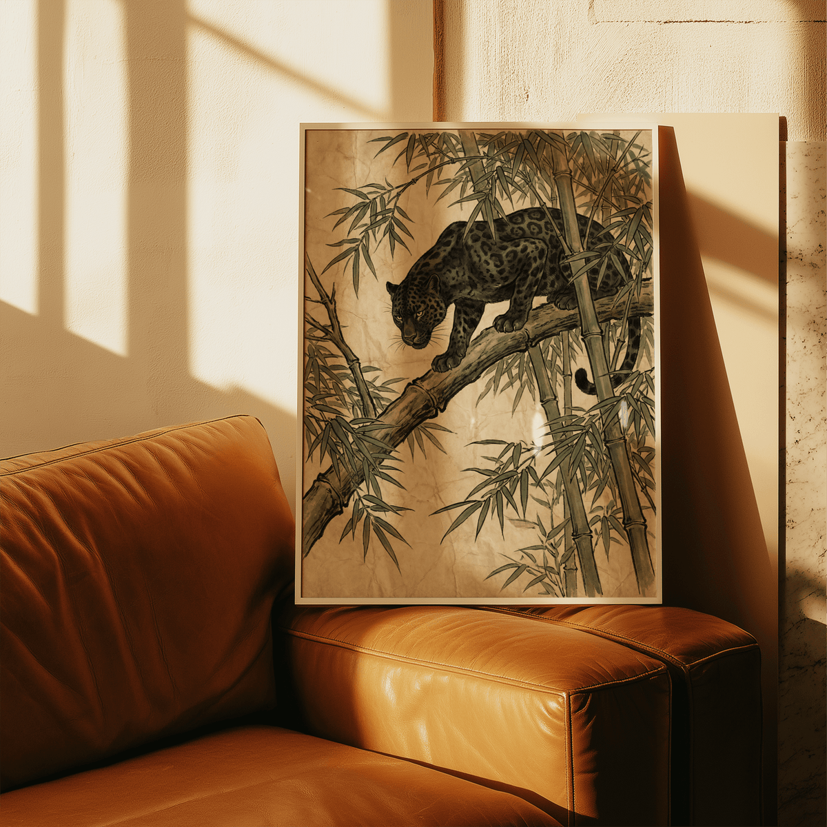 Black Panther Wall Art poster, Black feline on Green bamboo, bedroom