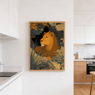 Wildlife Art Print with lion portrait, foliage layers, and line-drawn texture
