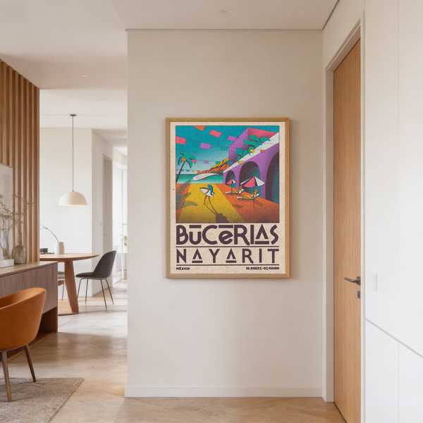Graphic beach artwork of two loungers under umbrellas beside a leaning surfboard