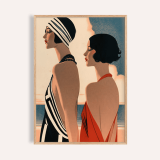 Featured Art Deco Riviera Fashion Print poster showing two women in profile by the sea horizon
