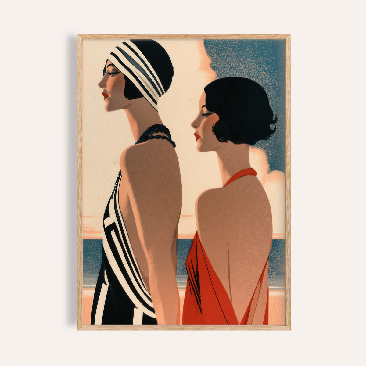 Featured Art Deco Riviera Fashion Print poster showing two women in profile by the sea horizon