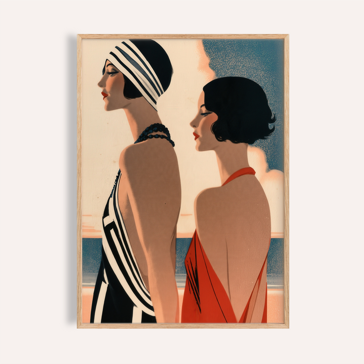 Featured Art Deco Riviera Fashion Print poster showing two women in profile by the sea horizon