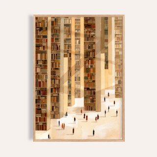 Towering bookshelf library wall art poster with small figures below