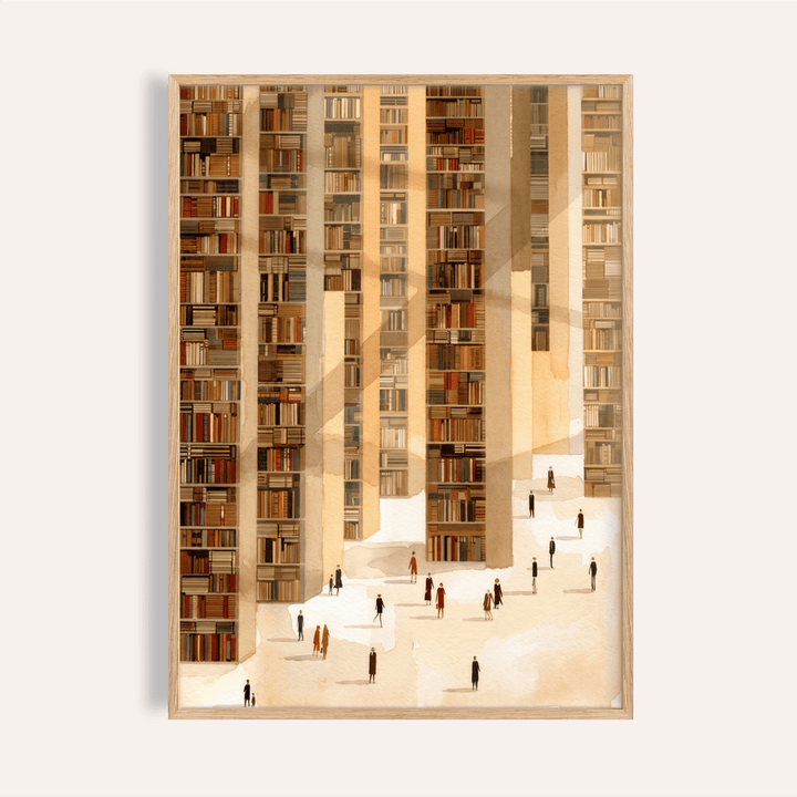 Towering bookshelf library wall art poster with small figures below