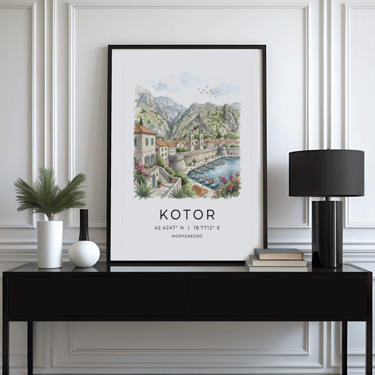 Kotor Landscape Art Print depicting church tower skyline, harbor boats, and mountain ridges