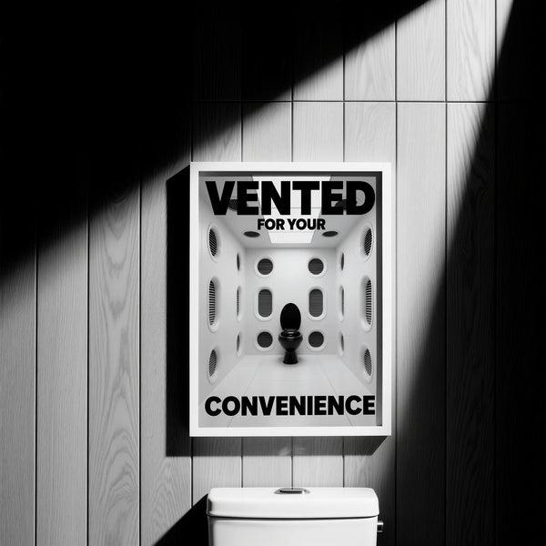 Artistic print of a futuristic bathroom for a Funny Toilet Sign display.