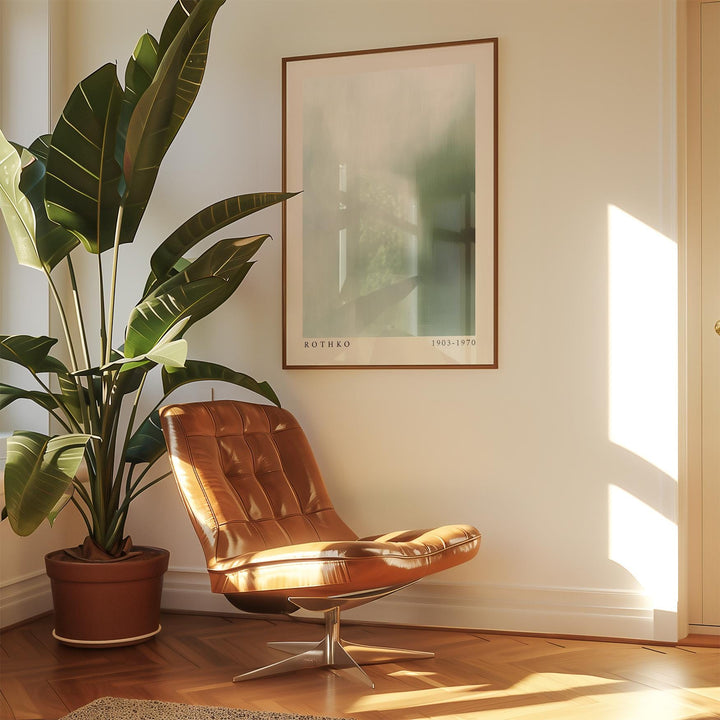 Rothko Print framed print with soft blue and green tones beside a brown leather chair and potted plant