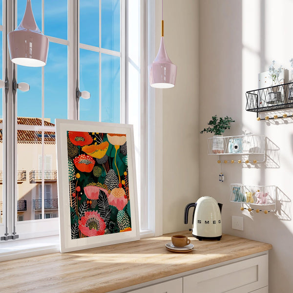 Colorful and expressive flower wall art decor perfect for a bright hallway or entry space.
