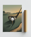Modern Golf Driver Art Print depicting a driver clubhead, ball on tee, and layered landscape