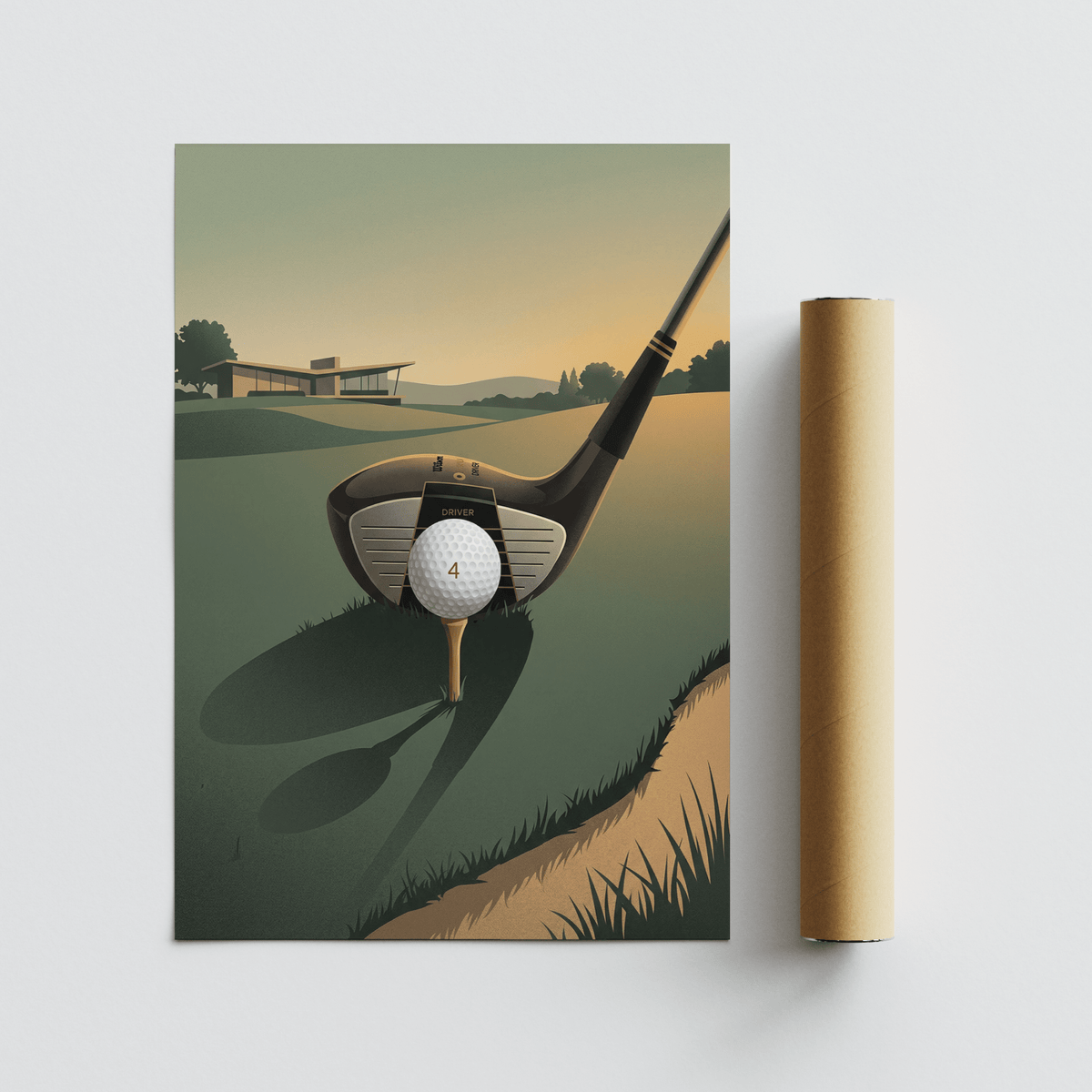 Modern Golf Driver Art Print depicting a driver clubhead, ball on tee, and layered landscape