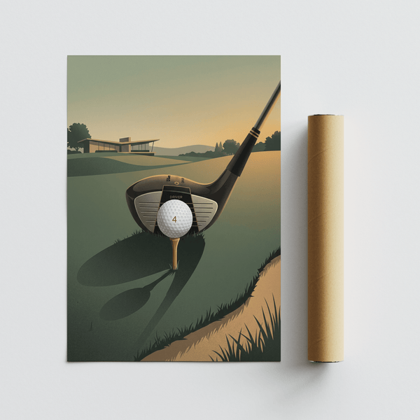 Modern Golf Driver Art Print depicting a driver clubhead, ball on tee, and layered landscape