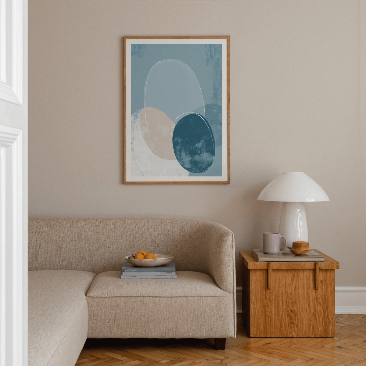 Minimal abstract wall art print with overlapping circular forms and arch line