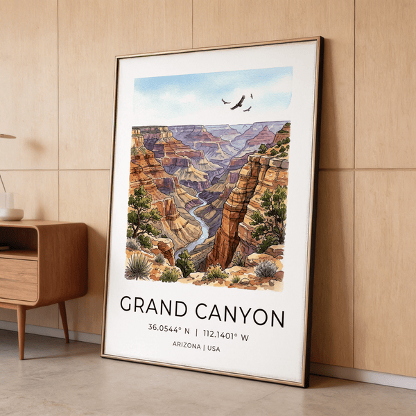 Close-up Grand Canyon Art Print showing canyon layers and watercolor texture