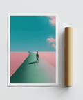 Office wall mockup with Surreal Cycling Art Print showing lone rider and strong directional perspective