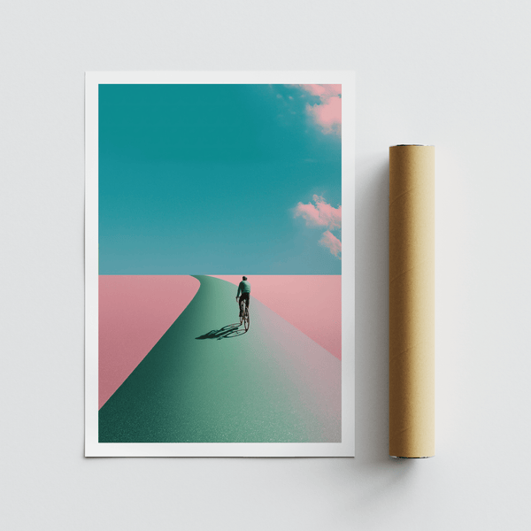 Office wall mockup with Surreal Cycling Art Print showing lone rider and strong directional perspective