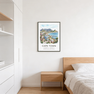 Travel city poster print with “CAPE TOWN” text and coordinate-style line beneath illustration