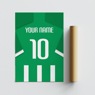 Highlighting a soccer shirt wall art print with centered number 10 and name line in a clean graphic layout