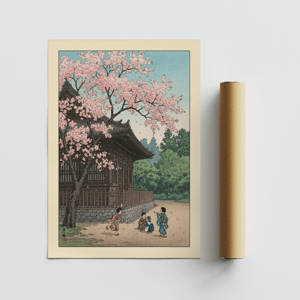 Texture close-up of sky gradients and cherry petals in Japanese woodblock style