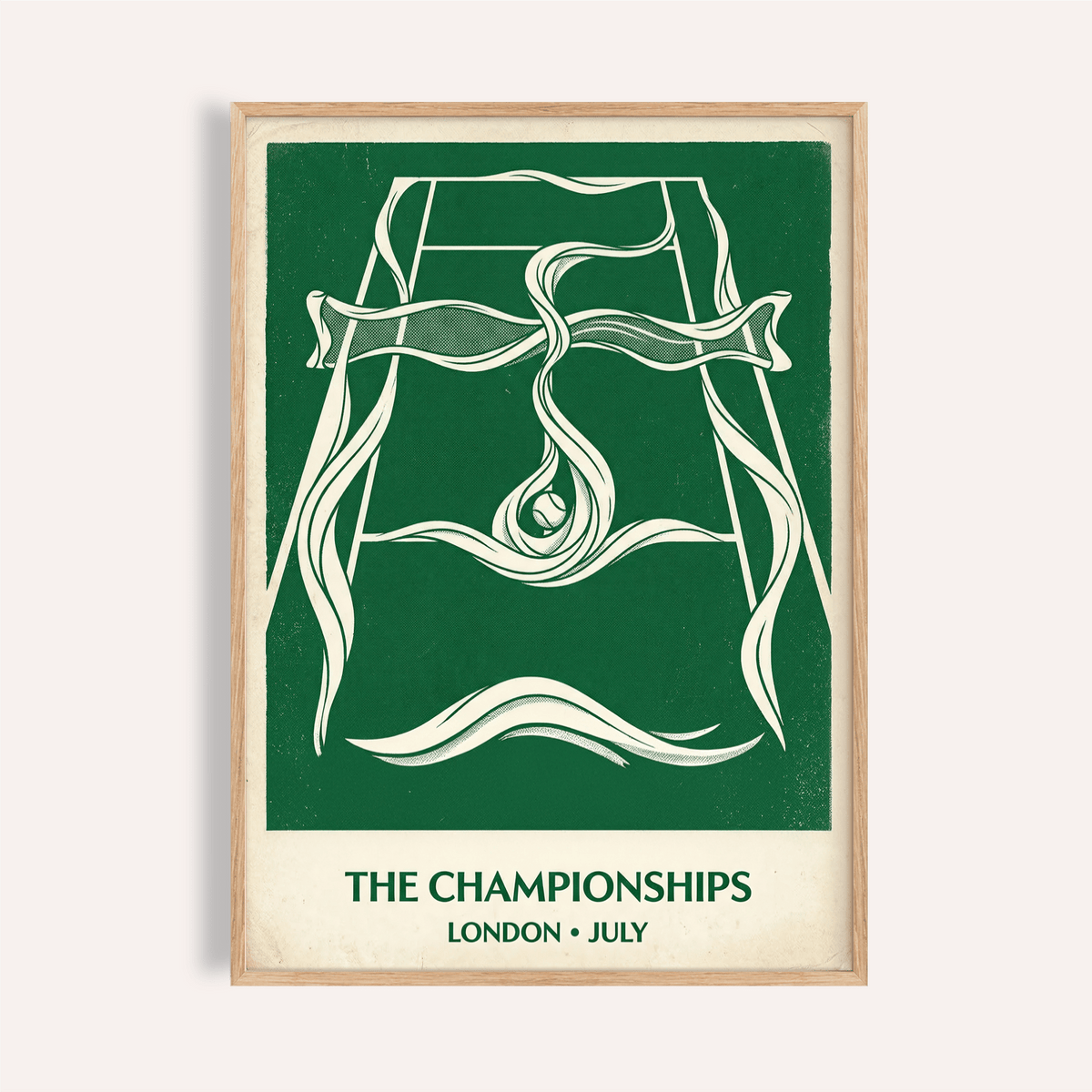 Framed view of Wimbledon Tennis Poster with stylized tennis court and ribbon lines