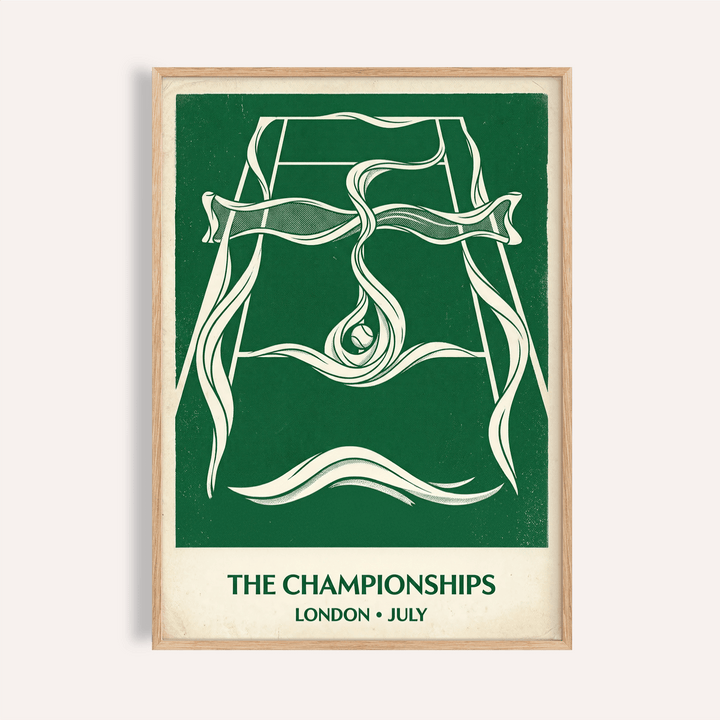 Framed view of Wimbledon Tennis Poster with stylized tennis court and ribbon lines