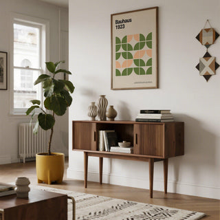 Abstract grid design in mid century modern wall art inspired by Bauhaus.