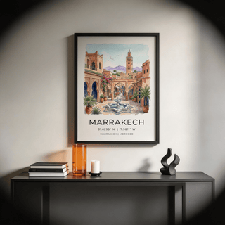 Front view of travel poster print with Marrakech skyline tower and mountain backdrop