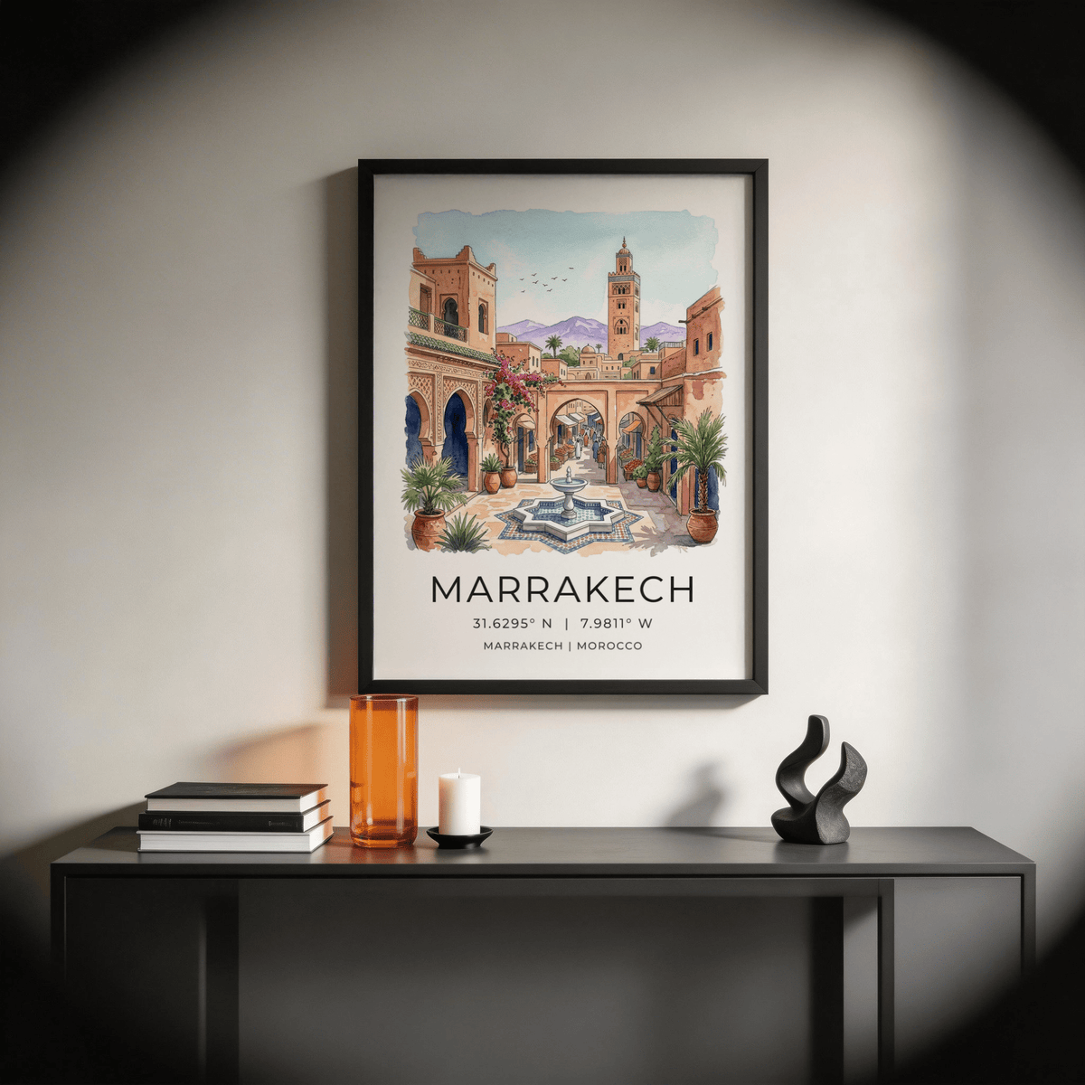 Front view of travel poster print with Marrakech skyline tower and mountain backdrop