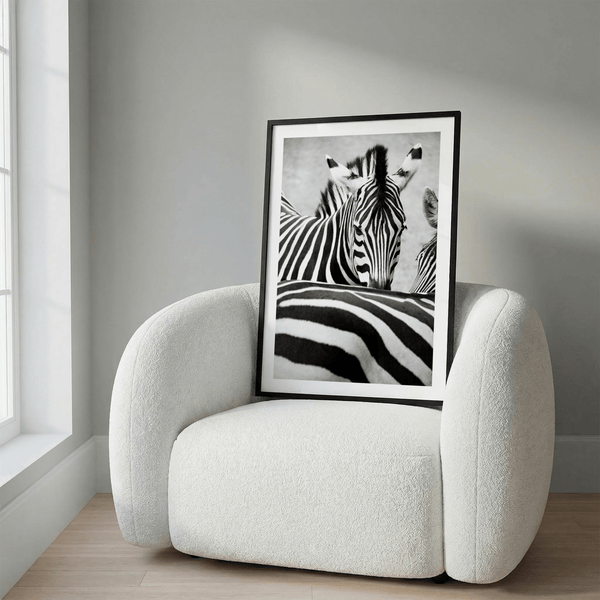 Close-up wildlife poster of a zebra face with bold stripe pattern