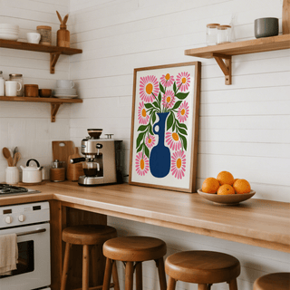 Flower Vase Print featuring green leaves and bright pink flowers for bedroom decor