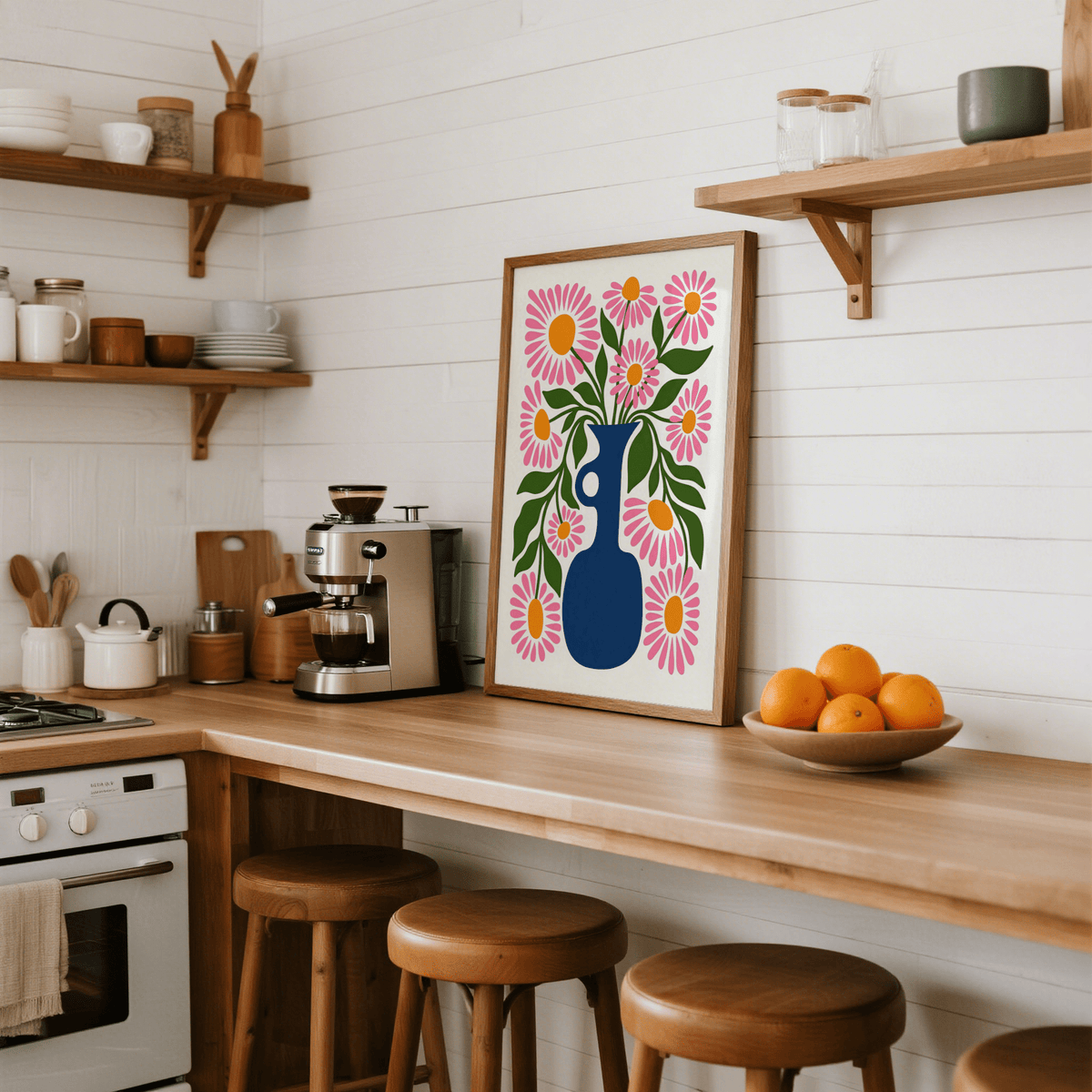 Flower Vase Print featuring green leaves and bright pink flowers for bedroom decor