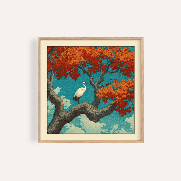 Crane perched on sweeping tree branch under canopy of red and orange leaves wall art poster